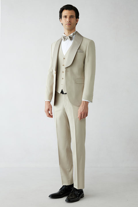 Açık Bej 7 Drop Slim Fit Dar Kesim Şal Yaka Yelekli Smokin & Damatlık