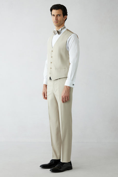 Açık Bej 7 Drop Slim Fit Dar Kesim Şal Yaka Yelekli Smokin & Damatlık