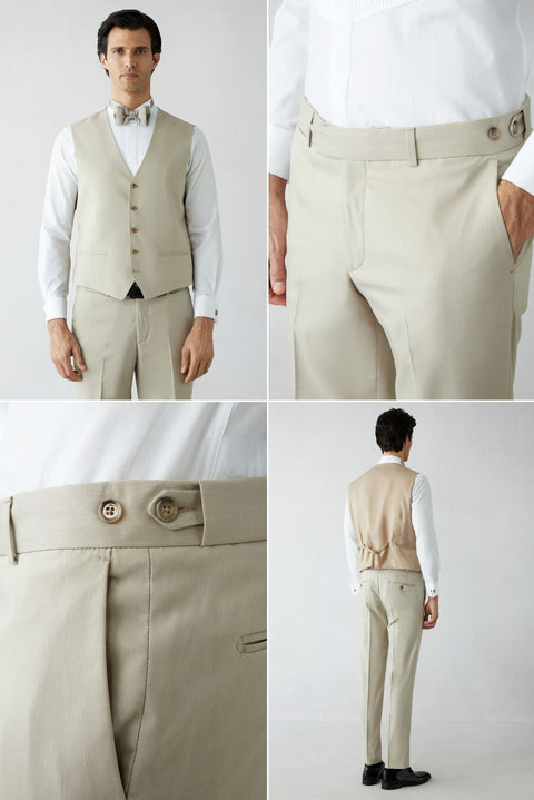 Açık Bej 7 Drop Slim Fit Dar Kesim Şal Yaka Yelekli Smokin & Damatlık
