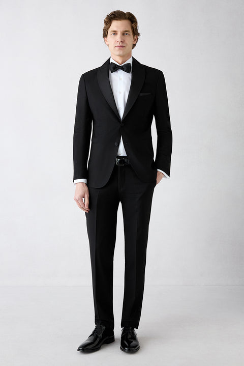 Siyah 7 Drop Slim Fit Dar Kesim Yelekli Smokin & Damatlık