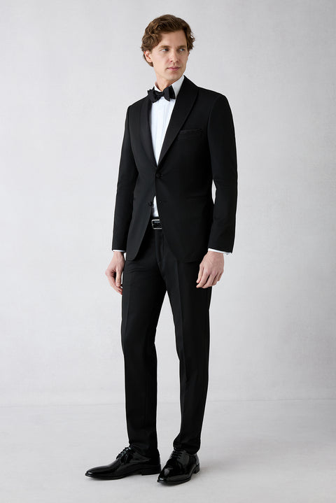 Siyah 7 Drop Slim Fit Dar Kesim Şal Yaka Desenli Smokin & Damatlık
