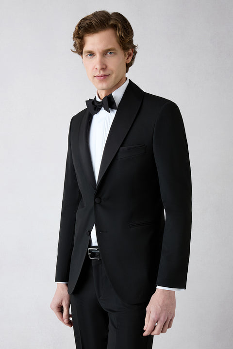 Siyah 7 Drop Slim Fit Dar Kesim Şal Yaka Desenli Smokin & Damatlık