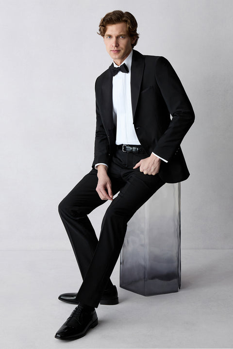 Siyah 7 Drop Slim Fit Dar Kesim Şal Yaka Yünlü Smokin & Damatlık