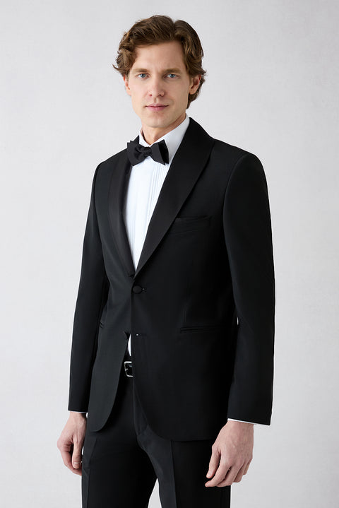 Siyah 7 Drop Slim Fit Dar Kesim Şal Yaka Yünlü Smokin & Damatlık