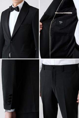  Siyah 7 Drop Slim Fit Dar Kesim Şal Yaka Yünlü Smokin & Damatlık