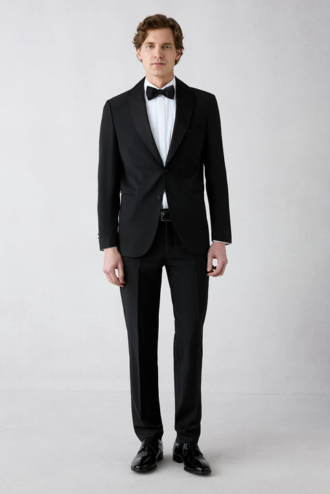 Siyah 7 Drop Slim Fit Dar Kesim Şal Yaka Yünlü Smokin & Damatlık