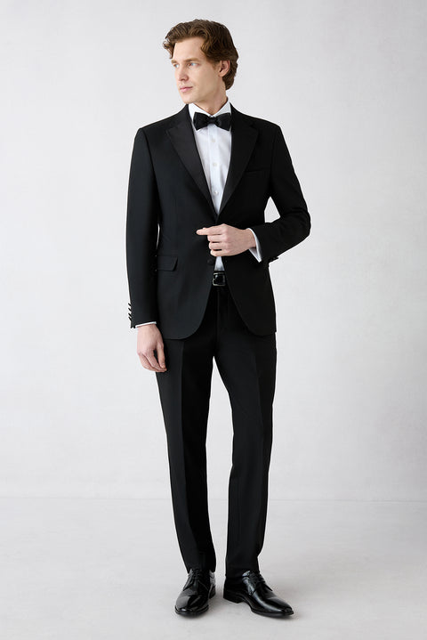 Siyah 7 Drop Slim Fit Dar Kesim Mono Yaka Smokin & Damatlık