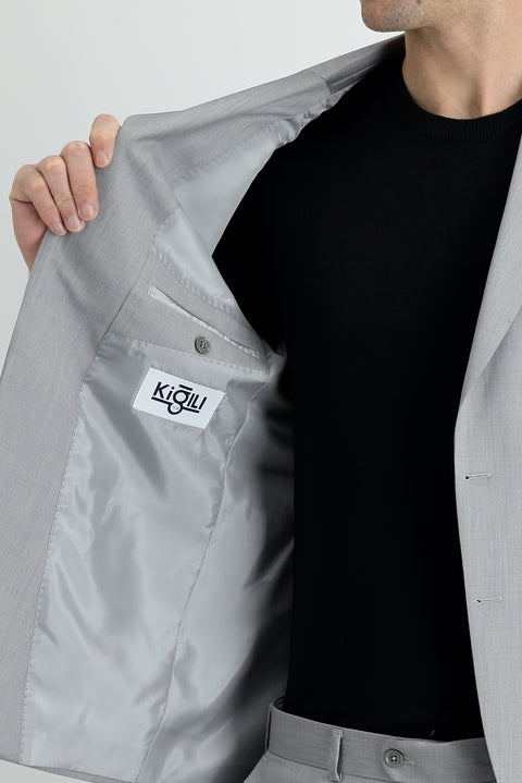 Açık Gri 7 Drop Slim Fit Dar Kesim Yün Takım Elbise