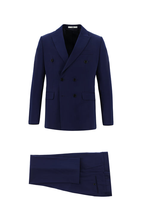 Orta Lacivert 7 Drop Slim Fit Dar Kesim Kruvaze Takım Elbise