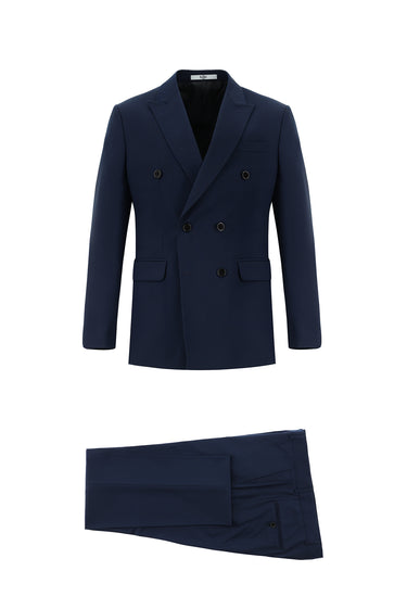  Koyu Lacivert Slim Fit Dar Kesim Kruvaze Takım Elbise