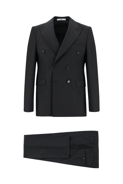 Siyah 7 Drop Slim Fit Dar Kesim Kruvaze Takım Elbise