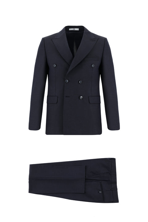 Siyah Lacivert 7 Drop Slim Fit Dar Kesim Kruvaze Takım Elbise