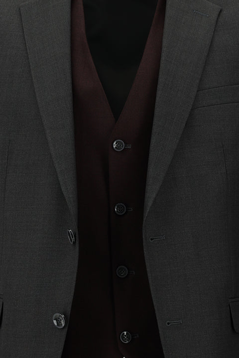 Koyu Füme 7 Drop Slim Fit Dar Kesim Kombinli Yelekli Takım Elbise