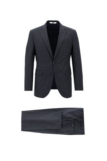Koyu Lacivert Slim Fit Dar Kesim Beli Lastikli İpli Desenli Takım Elbise