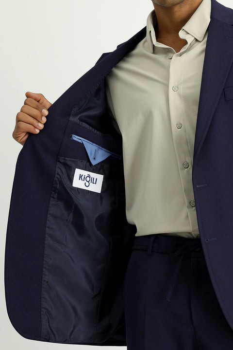 Koyu Lacivert 7 Drop Slim Fit Dar Kesim Beli Lastikli İpli Takım Elbise