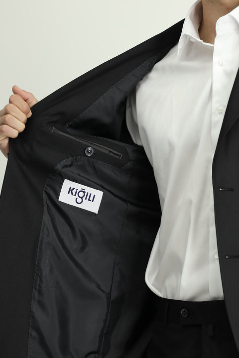 Siyah 7 Drop Slim Fit Dar Kesim Mono Yaka Takım Elbise
