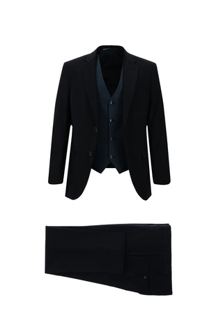  Siyah Lacivert Slim Fit Dar Kesim Kombinli Yelekli Takım Elbise