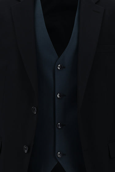 Siyah Lacivert Slim Fit Dar Kesim Kombinli Yelekli Takım Elbise