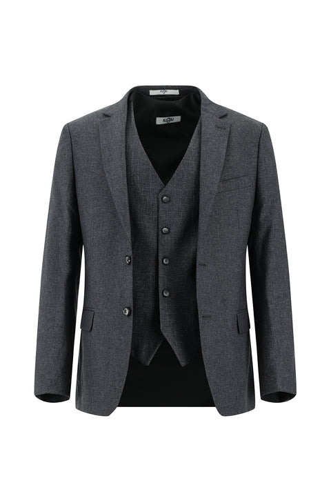 Koyu Füme 7 Drop Super Slim Fit Eksra Dar Kesim Yelekli Kombinli Takım Elbise