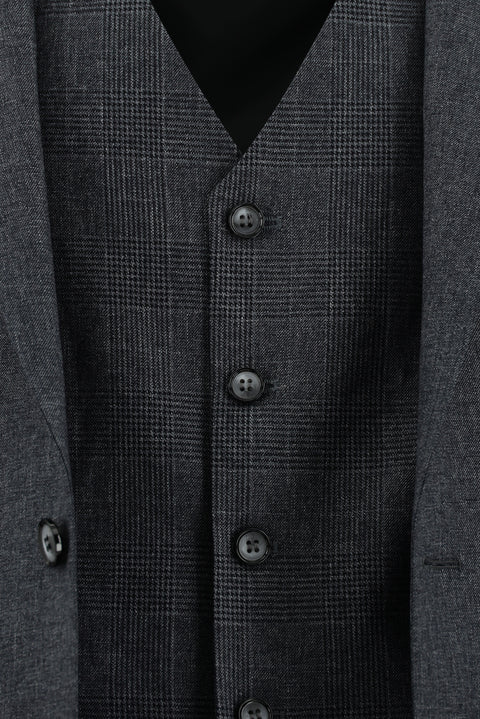 Koyu Füme 7 Drop Super Slim Fit Eksra Dar Kesim Yelekli Kombinli Takım Elbise