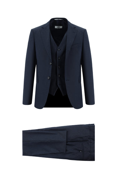 Koyu Lacivert Super Slim Fit Ekstra Dar Kesim Yelekli Kombinli Takım Elbise