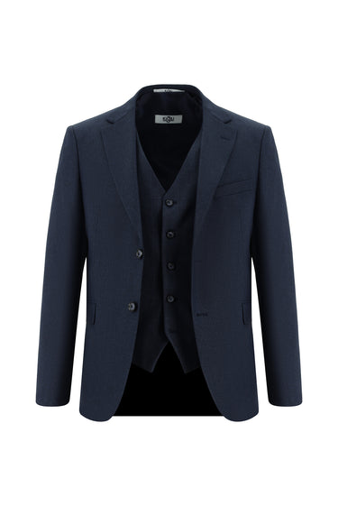 Koyu Lacivert Slim Fit Dar Kesim Yelekli Kombinli Takım Elbise