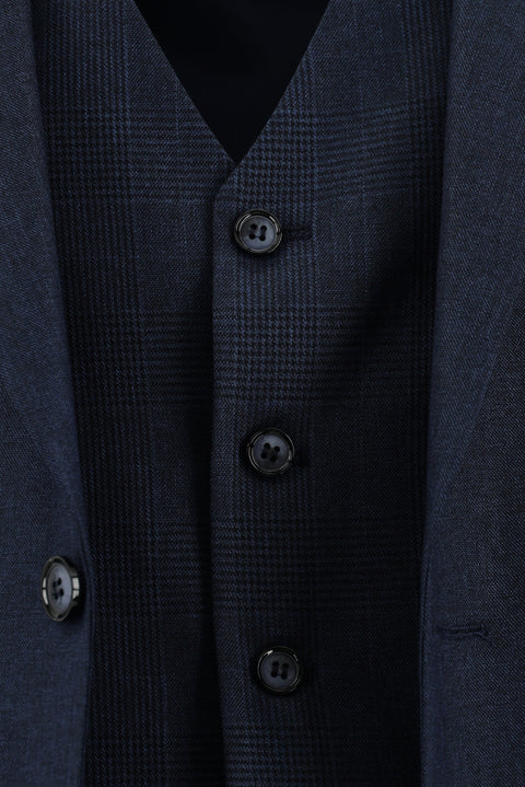 Koyu Lacivert 7 Drop Slim Fit Dar Kesim Yelekli Kombinli Takım Elbise