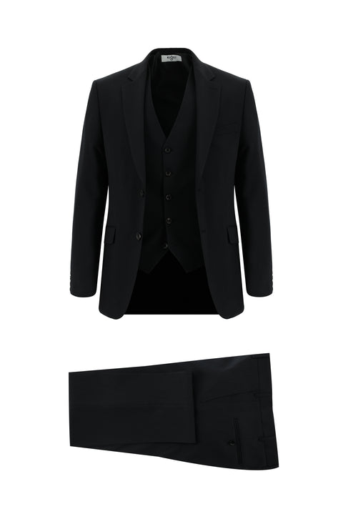 Siyah 7 Drop Slim Fit Dar Kesim Yelekli Takım Elbise