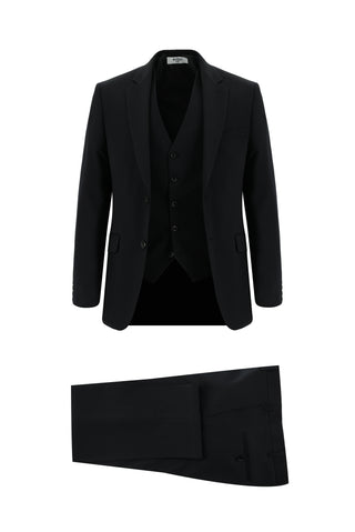  Siyah 7 Drop Slim Fit Dar Kesim Yelekli Takım Elbise