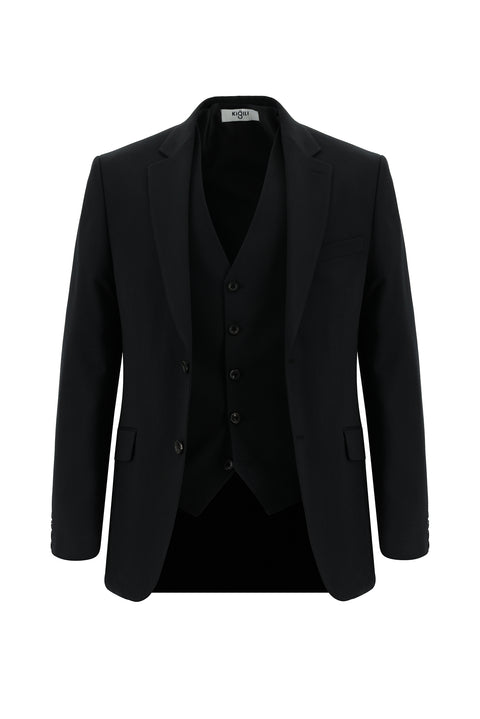 Siyah 7 Drop Slim Fit Dar Kesim Yelekli Takım Elbise