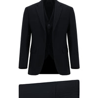 Siyah Lacivert Slim Fit Dar Kesim Klasik Yelekli Takım Elbise