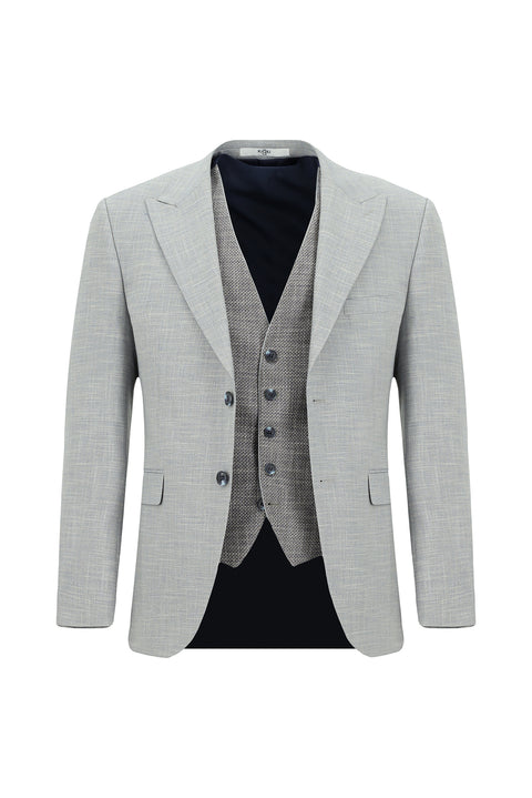 Açık Gri 7 Drop Slim Fit Dar Kesim Yelekli Kombinli Takım Elbise