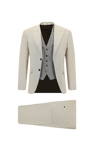  Açık Bej Slim Fit Dar Kesim Yelekli Kombinli Takım Elbise