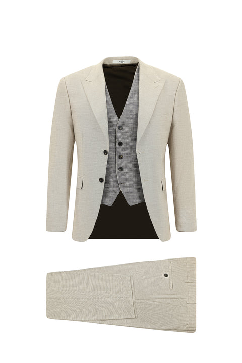 Açık Bej 7 Drop Slim Fit Dar Kesim Yelekli Kombinli Takım Elbise