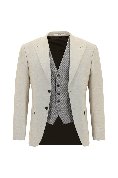 Açık Bej 7 Drop Slim Fit Dar Kesim Yelekli Kombinli Takım Elbise
