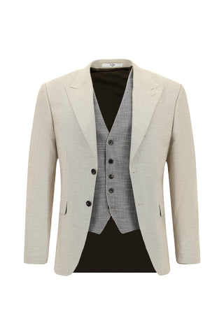  Açık Bej 7 Drop Slim Fit Dar Kesim Yelekli Kombinli Takım Elbise