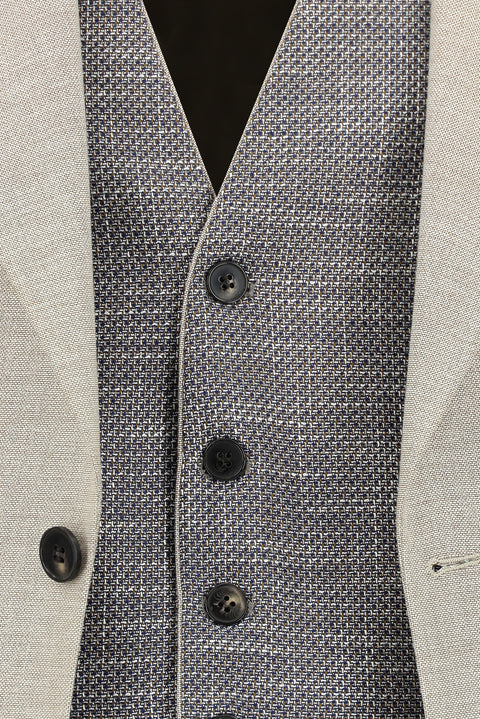 Açık Bej 7 Drop Slim Fit Dar Kesim Yelekli Kombinli Takım Elbise
