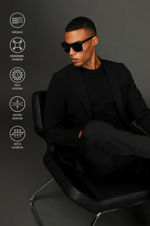 Siyah Techno-Line 7 Drop Super Slim Fit Eksra Dar Kesim Takım Elbise