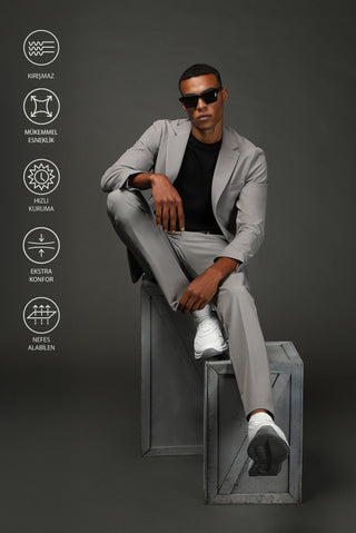  Açık Füme Techno-Line Super Slim Fit Ekstra Dar Kesim Klasik Takım Elbise