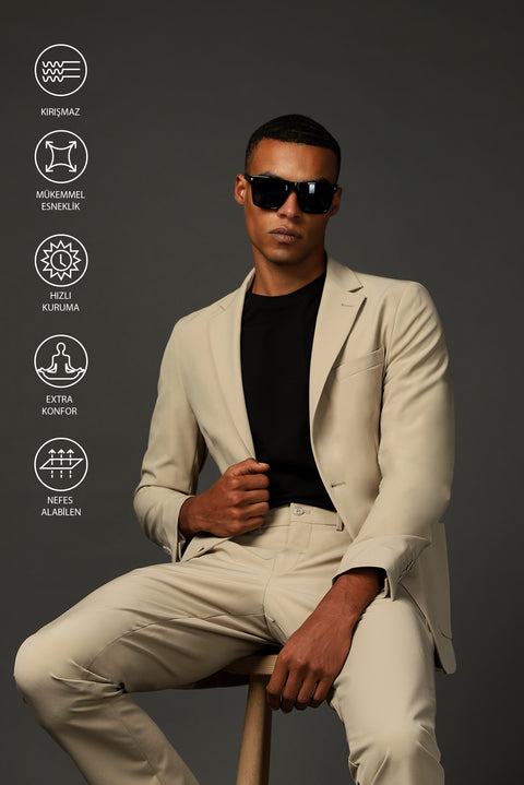 Orta Bej Techno-Line 7 Drop Super Slim Fit Eksra Dar Kesim Takım Elbise