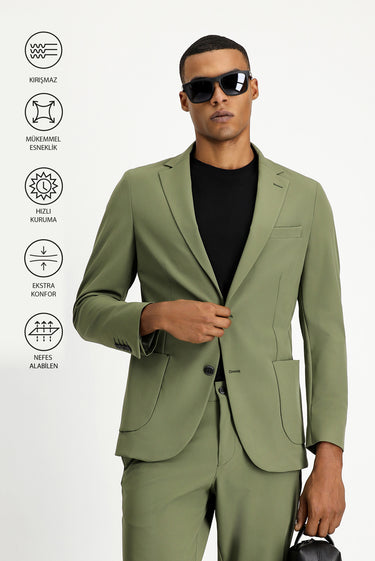  Orta Haki Techno-Line Super Slim Fit Ekstra Dar Kesim Klasik Takım Elbise