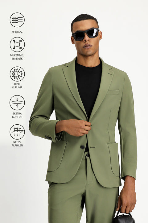 Orta Haki Techno-Line 7 Drop Super Slim Fit Eksra Dar Kesim Takım Elbise