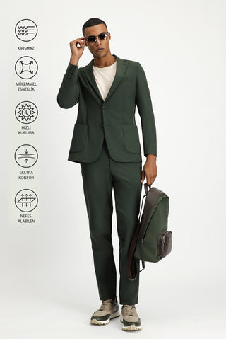  Koyu Yeşil Techno-Line Super Slim Fit Ekstra Dar Kesim Klasik Takım Elbise
