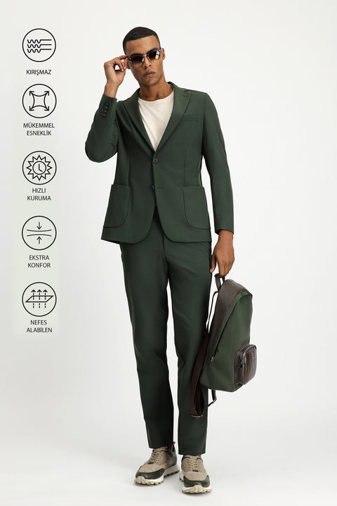 Koyu Yeşil Techno-Line 7 Drop Super Slim Fit Eksra Dar Kesim Takım Elbise
