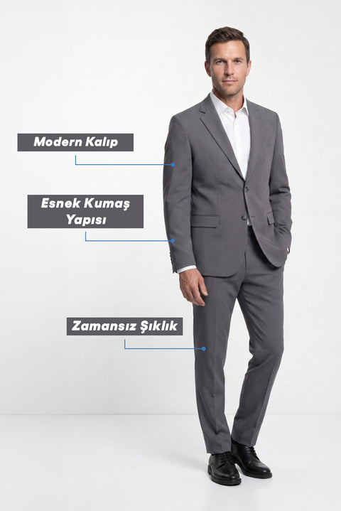 Koyu Antrasit 4 Drop Relaxed Fit Rahat Kesim Mevsimlik Likralı Esnek Takım Elbise