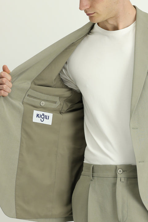 Açık Haki 6 Drop Regular Fit Standart Kesim Beli Lastikli Torba Cep Modal Karışımlı Takım Elbise