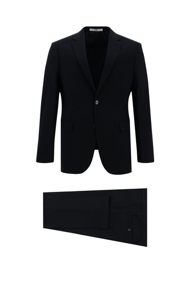 Siyah Lacivert Slim Fit Dar Kesim Yünlü Klasik Takım Elbise