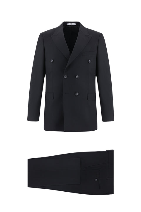 Siyah 7 Drop Super Slim Fit Eksra Dar Kesim Yünlü Kruvaze Takım Elbise