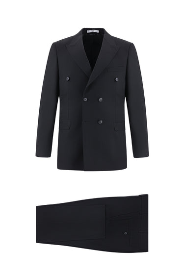 Siyah Slim Fit Dar Kesim Yünlü Kruvaze Takım Elbise