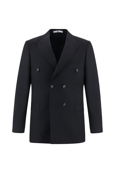 Siyah Slim Fit Dar Kesim Yünlü Kruvaze Takım Elbise